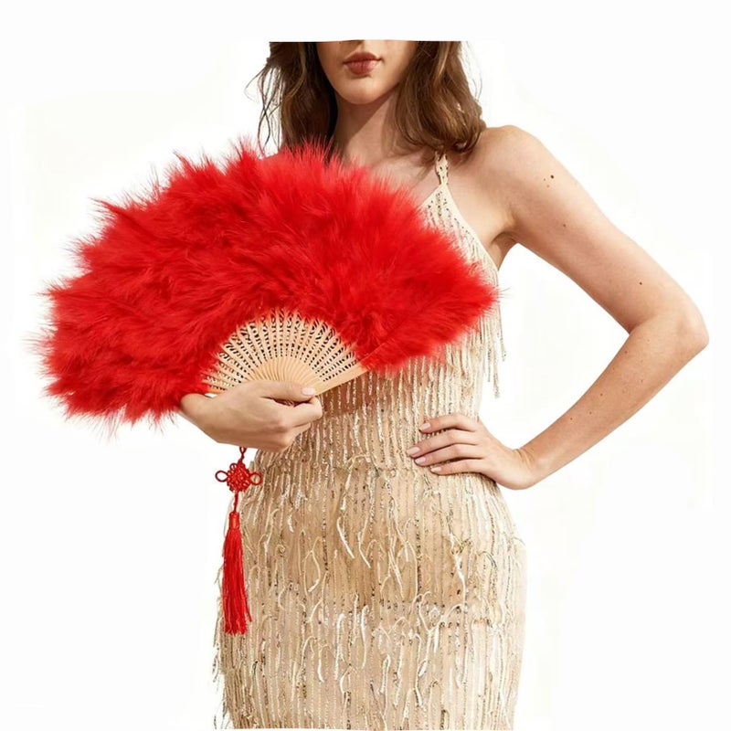 Happy Feather Handheld Marabou Feather Fan, 1920s Vintage Style Flapper Hand Fan for Costume Party and Dancing-RED - Image 1